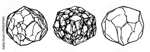 Black line art rendering of a pyrite cube cluster on a white background – geometric mineral illustration for natural science and geology design use