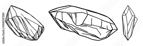 Black line art illustration of quartz crystal point on a clean white background, minimalist geometry design for science or jewelry concepts