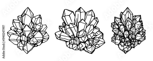 Elegant black line drawing of a bismuth crystal cluster on a stark white background for scientific and artistic illustration uses