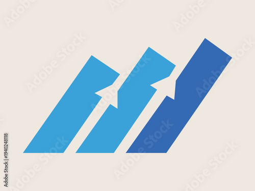 three diagonal upward blue arrows ascending staircase pattern minimalist growth logo flat vector design isolated background.