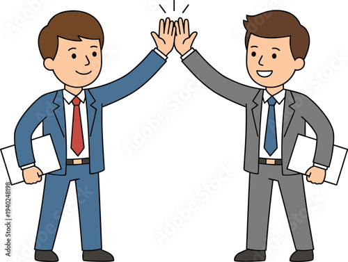 business colleagues giving high five celebrating success, corporate teamwork partnership achievement, office professionals collaboration concept, cartoon illustration isolated