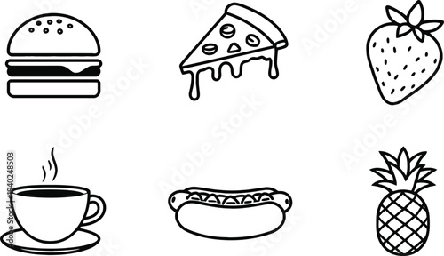 Food icon vector illustration set with hamburger pizza strawberry coffee hotdog pineapple design for cuisine culinary artwork