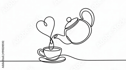 Heartfelt tea pouring from kettle into cup on saucer symbolizing love and care in a simple line drawing