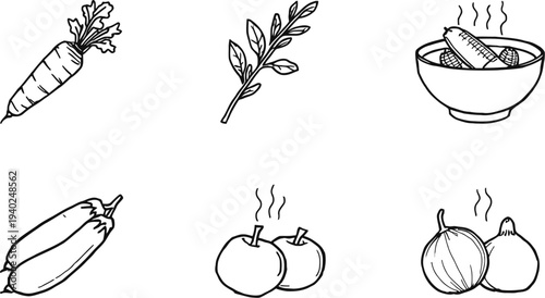   
Vegetable and herb line vector illustration with carrot zucchini onion steaming bowl design for culinary nutrition food artwork