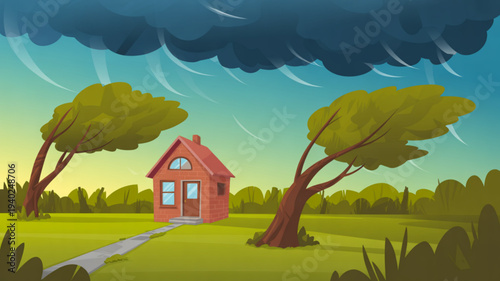 Small red house with pathway under dark stormy sky and trees in green field