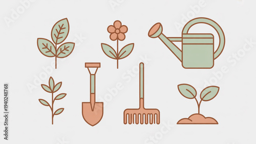 Gardening tools and plants with flowers rake shovel and watering can for landscaping and growth