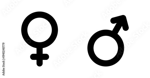 Iconic symbols representing male and female genders, often used to denote sex, identity, or relationships. Isolated on a white background.