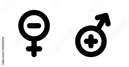 A visual representation of gender symbols, one with a minus sign and the other with a plus sign, symbolizing concepts of equality, inequality, or balance.