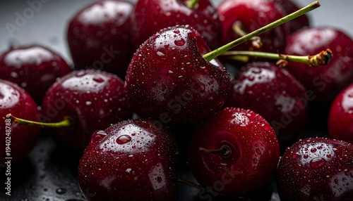 Fresh and Juicy Cherries with Water Droplets Close-Up.