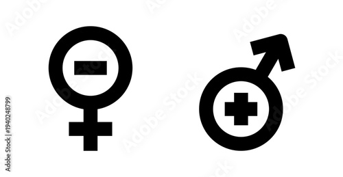 Iconic representation of male and female gender symbols, one with a plus sign, the other with a minus sign, on a transparent background.