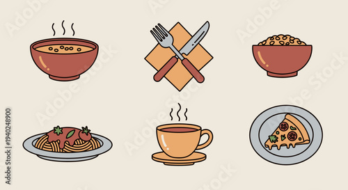 A collection of food icons including soup, pasta, coffee, rice, and pizza in modern flat vector style, perfect for culinary projects