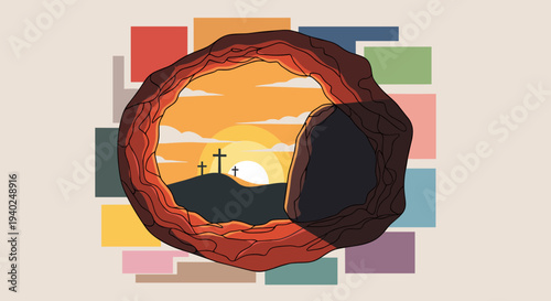 A rock with an opening displaying a sunset scene with three crosses in colorful minimalist vector style, ideal for religious or Easter themes