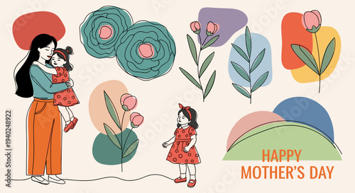 A heartwarming illustration of a mother and child with flowers in colorful modern vector style, perfect for Mother's Day celebrations