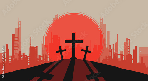A silhouette of three crosses against a red sunset with a modern city skyline in minimalist vector style, suitable for religious themes and designs