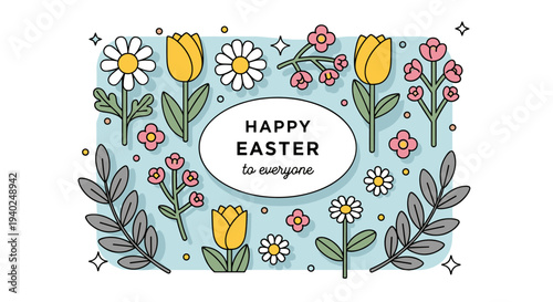 A cheerful Easter greeting card featuring colorful flowers and the text 'Happy Easter to everyone' in a modern flat vector style, perfect for seasonal celebrations