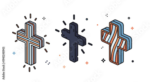 A set of stylized crosses in modern geometric vector style with colorful outlines and decorative elements, suitable for religious and spiritual themes