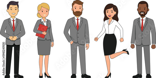 diverse business professionals standing together, corporate office workers characters, confident employees team, workplace diversity concept, professional people cartoon illustration
