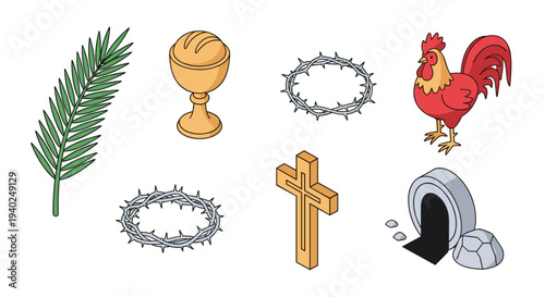 A collection of Easter symbols including a palm leaf, chalice, crown of thorns, cross, rooster, and an empty tomb in colorful flat vector style, ideal for religious and festive designs