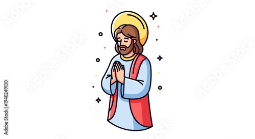 A praying Jesus character in colorful minimalist vector style, suitable for religious and spiritual designs