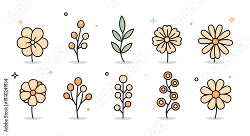 A collection of nine flower illustrations in a minimalist vector style, ideal for botanical design projects
