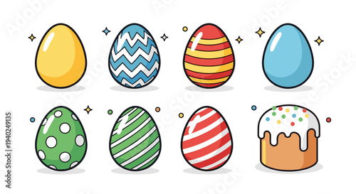 A set of colorful decorated Easter eggs in flat cartoon vector style, ideal for spring holiday designs and celebrations