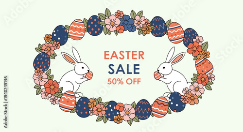 A festive Easter sale banner featuring rabbits and colorful floral decorations with decorated eggs in a modern vector style, ideal for seasonal promotions