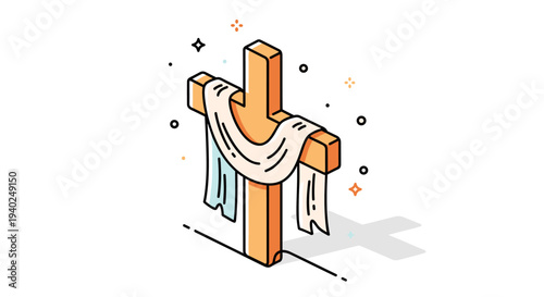 A Christian cross draped with a cloth in minimalist outline vector style, suitable for religious designs and spiritual themes