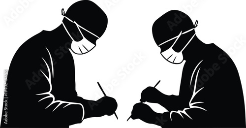 Two surgeons in masks and scrubs working together