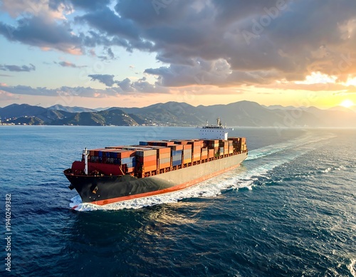 Cargo Ship Sailing on the Ocean at Sunset.