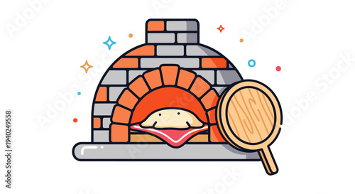 A wood-fired pizza oven with a freshly baked pizza and a wooden paddle in flat modern vector style, ideal for culinary branding and restaurant menus