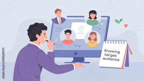 Businessman analyzing target audience on computer screen with online meeting participants