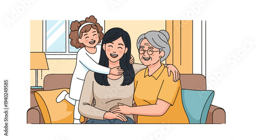 A loving mother with her daughter and grandmother sitting together in a cozy living room in flat modern vector style, perfect for family-themed projects