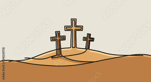 A set of three crosses on a sandy landscape in minimalist outline vector style, suitable for religious themes and spiritual projects