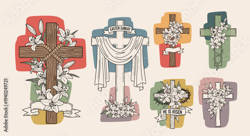 A collection of Easter Sunday-themed crosses adorned with lilies and decorative banners in a colorful vintage vector style, perfect for religious events and celebrations
