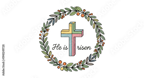 A colorful cross surrounded by a floral wreath with the text 'He is risen' in a whimsical hand-drawn style, perfect for Easter celebrations