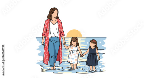 A mother holding hands with two daughters in a serene beach setting, illustrated in a flat modern vector style, perfect for family-themed projects