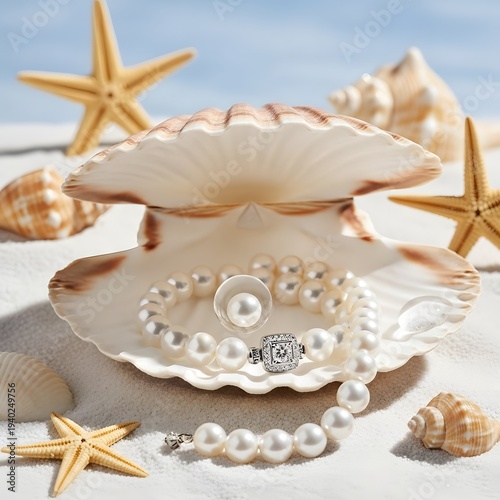 Beach-inspired jewelry photography seashell with pearl necklace on white sand background