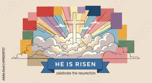 A cross surrounded by colorful clouds and rays of light in modern vector style, ideal for Easter celebrations and religious themes