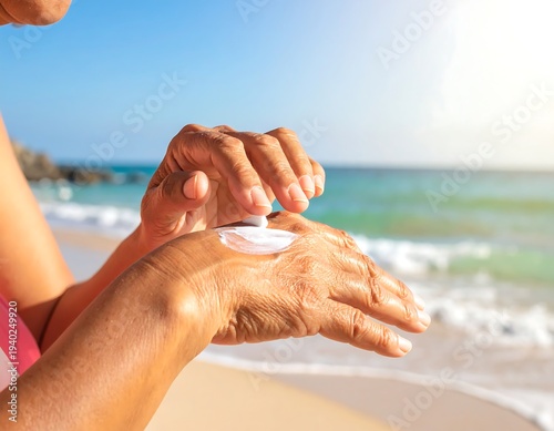 Applying Sunscreen at the Beach for Skin Protection.