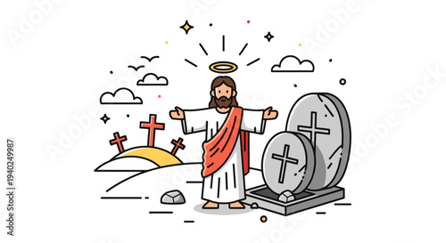 A depiction of Jesus with an aura, standing near a tomb and crosses in a minimalist outline vector style, suitable for religious and spiritual themes