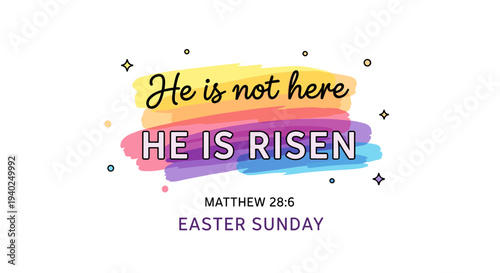 A colorful typographic design featuring the phrase 'He is not here, He is risen' with Easter Sunday reference in a modern, vibrant vector style, ideal for church events and greeting cards