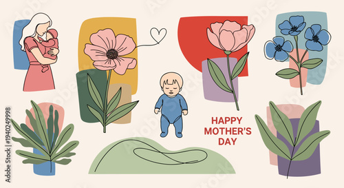 A heartwarming illustration featuring a mother holding a child, flowers, and greenery in colorful minimalist vector style, ideal for Mother's Day greetings