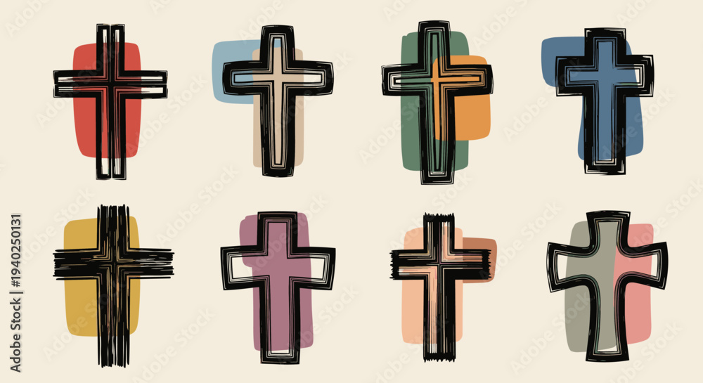Fototapeta premium A set of colorful and stylized crosses in modern outline vector style, ideal for religious and spiritual designs