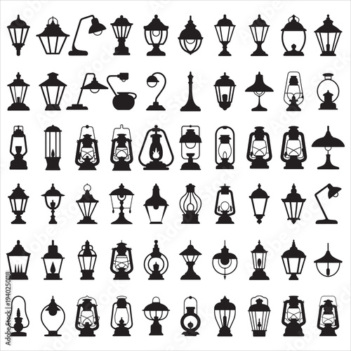 Set of vintage lantern and oil lamp silhouette