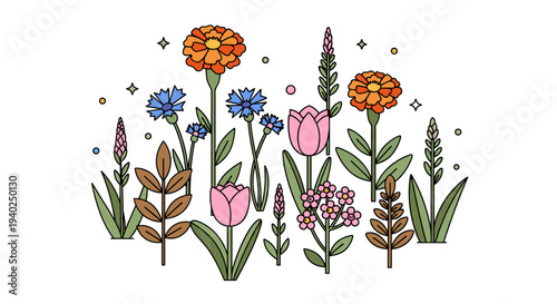 A colorful collection of various flowers including tulips, marigolds, and wildflowers in a vibrant hand-drawn vector style, suitable for garden-themed designs and spring decorations