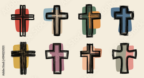 A set of colorful and stylized crosses in modern outline vector style, ideal for religious and spiritual designs