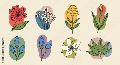 A collection of colorful floral illustrations featuring diverse flowers and leaves in modern vector style, suitable for design projects and decorations