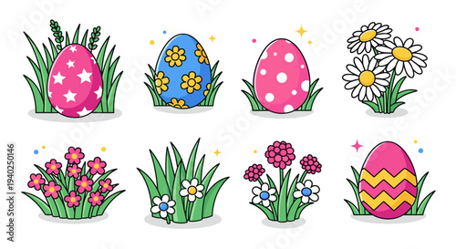 A collection of colorful Easter eggs and flowers in a cheerful cartoon style, perfect for spring celebrations and holiday designs