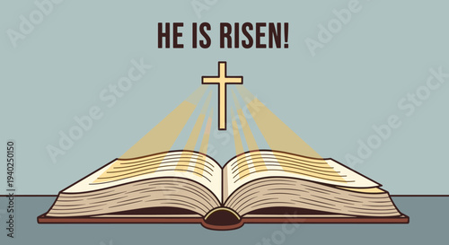 An open Bible with a cross illuminated by light beams in modern vector style, ideal for Easter celebrations and religious graphics