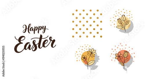 A Happy Easter greeting with decorative flowers and polka dots in modern vector style, suitable for seasonal cards and designs